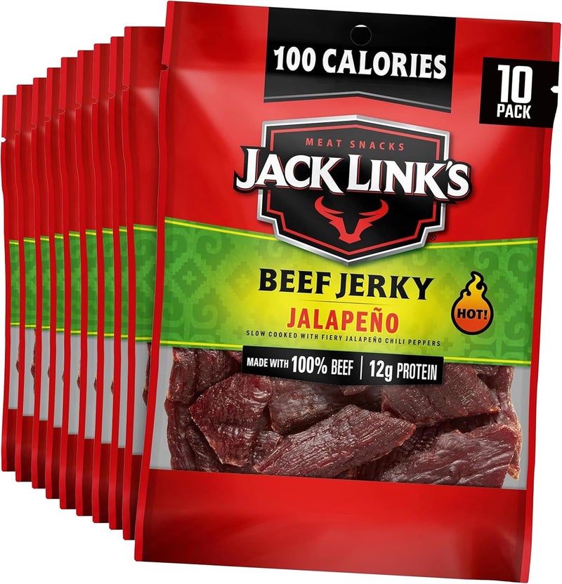 Jack Link's جاك لينك لحم البقر المجفف، هالبينو، 10 عبوة – 100 سعرة حرارية، 12 جرام بروتين، مصنوع من 100% لحم بقر - Image 1